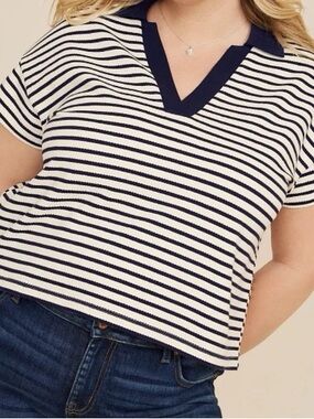 Maurices Navy and White Striped V-Neck cropped Polo Tee